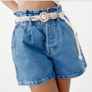 Zara High‎ Rise Rigid Baggy Denim Shorts with Woven Belt Women's Size 8 *Flawed